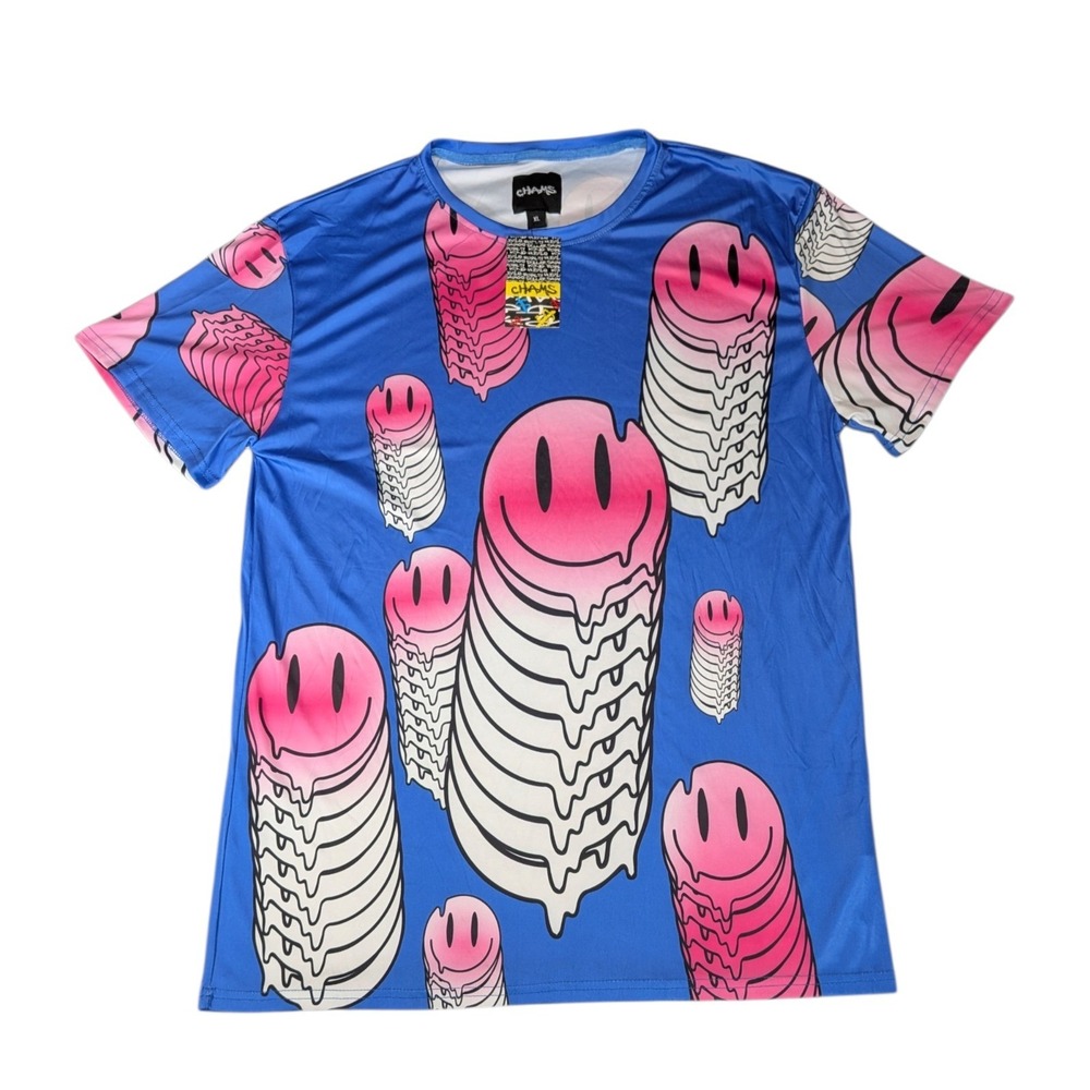 Chams Mens XL Blue Melting Smiley Face All Over Print Graphic T-Shirt NWT